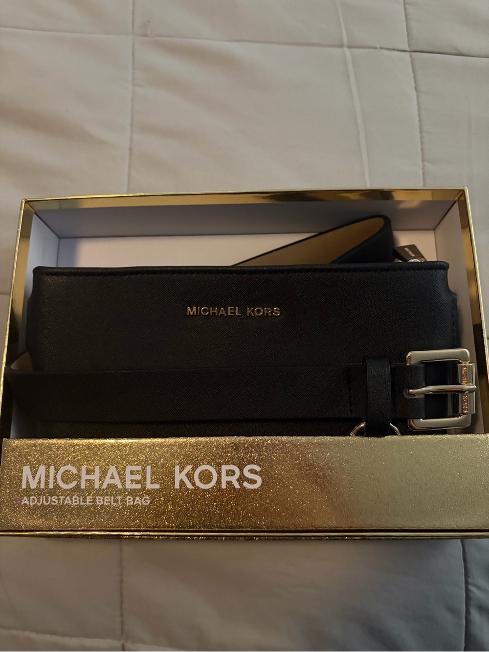 Michael Kors Black Saffiano Leather Belt Bag with Gold Logo